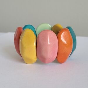 Vintage Boho Tagua Colourful Multicolor Chunky Faceted Stretch Bangle Bracelet